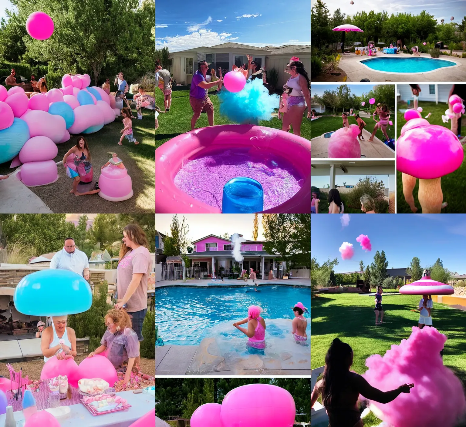 Prompt: gender reveal party at a suburban house in nevada :: bbq and pool :: people playing in pink water :: a large pink mushroom cloud is visible on the horizon :: clear blue sky :: mood is excess, celebration, absurd, surreal