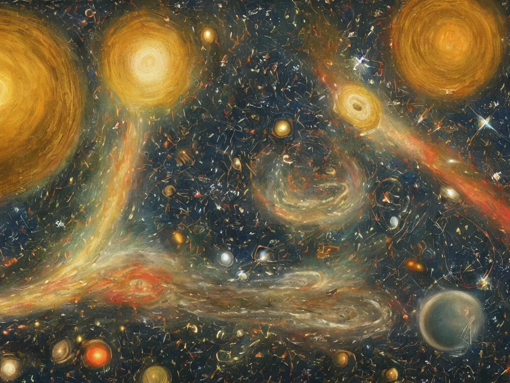 Image similar to the entire history of the Universe in all 4 dimensions depicted as a painting in a museum