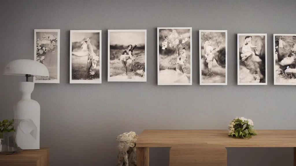 Prompt: pictures hanging on a wooden wall lit by the high key light.