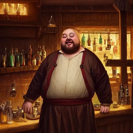 Prompt: portrait of a happy fat man dressed in a medieval tunic standing behind a bar, detailed face, fantasy, highly detailed, cinematic lighting, digital art painting by greg rutkowski