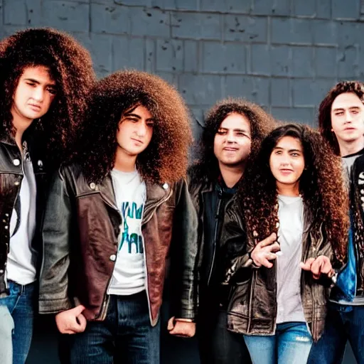 Image similar to Group of ethnically diverse 19-year-old boys and girls with long permed wavy brown hair and afros leather jacket and denim jeans, holding electric guitars, 2022, stoner rock, heavy rock, concert, live in concert, HD photography