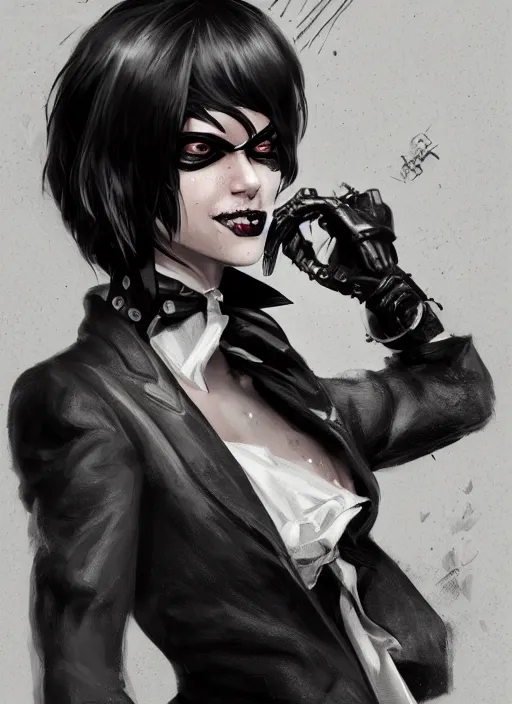 Prompt: a highly detailed illustration of beautiful short black messy haired woman wearing black eyepatch on one eye and noir style suit and tie, dramatic smiling pose, intricate, elegant, highly detailed, centered, digital painting, artstation, concept art, smooth, sharp focus, league of legends concept art, WLOP