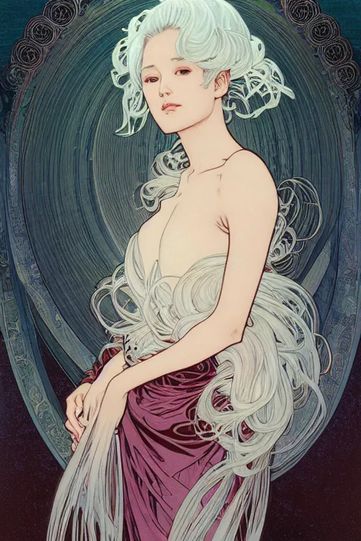 Image similar to magnum opus portrait professional photograph female holding white hair glowing, blush, pleated skirt, flowing hair, slim face, elegant, alphonse mucha, by yoichi hatakenaka, masamune shirow, josan gonzales and dan mumford, ayami kojima, takato yamamoto, barclay shaw, karol bak, yukito kishiro