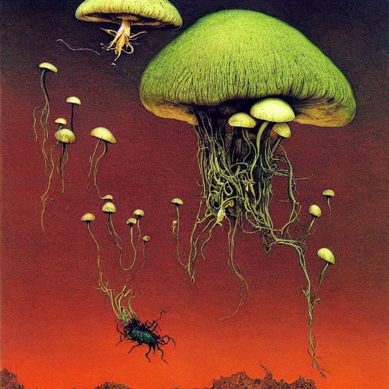 Prompt: Tea-mushroom flies in cosmos. Extremely high details, realistic, fantasy art, solo, masterpiece. Art by Zdzisław Beksiński, Arthur Rackham, Dariusz Zawadzki.