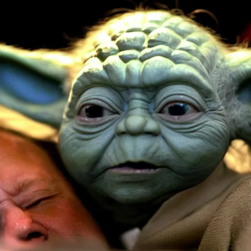 Prompt: yoda snuggles up against joe biden, AP news photograph, high-resolution