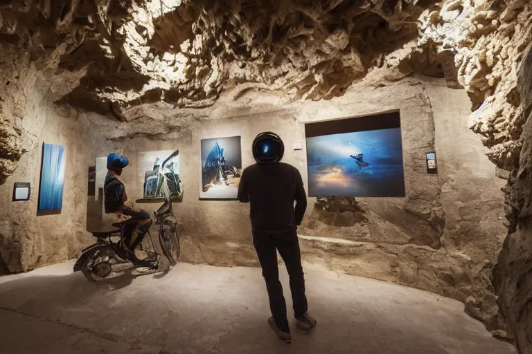 Prompt: a guy with a helmet explores an art gallery full of pictures, digital art, by dan mumford, by greg rutkowski, in a cave, volumetrics, octane render