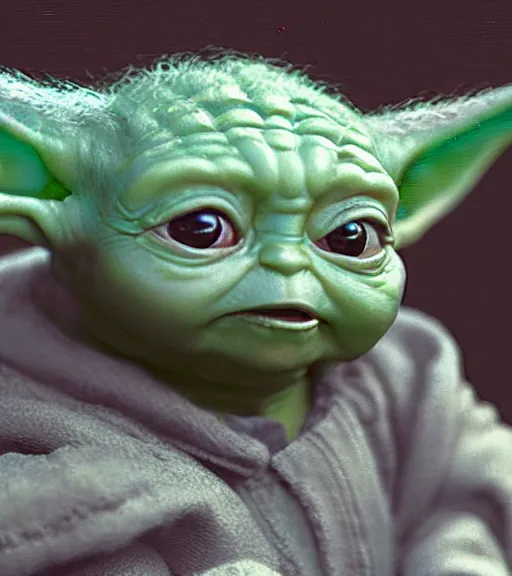 Image similar to a closeup portrait of Baby Yoda by Craig Mullins; extraordinarily-ugly; realistic-lighting; anatomically-correct; 90mm; f/1.4