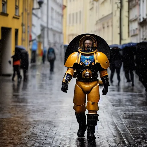 Prompt: a space marine walks on a rainy street in prague, dlsr 5 5 mm