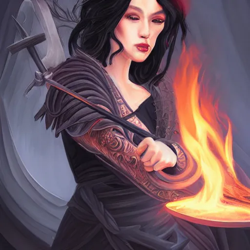 Image similar to portrait, woman with black hair called the lady of ash wielding a sword, elegant, illustration, fire magic, detailed, intricate, sharp focus, digital painting