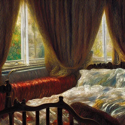 Prompt: on a rainy day, someone sits in bed, curled up under the covers, looking out the window, artstation, extremely detailed, intricate, cinematic lighting, art by pierre - auguste renoir