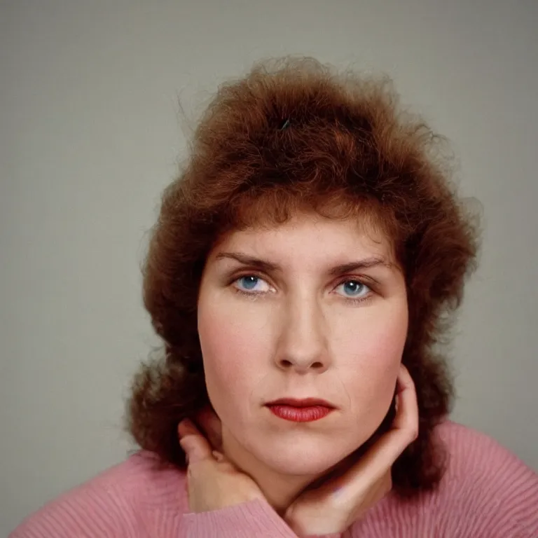 Prompt: 1 9 8 0 s woman looking directly at the camera, studio lighting