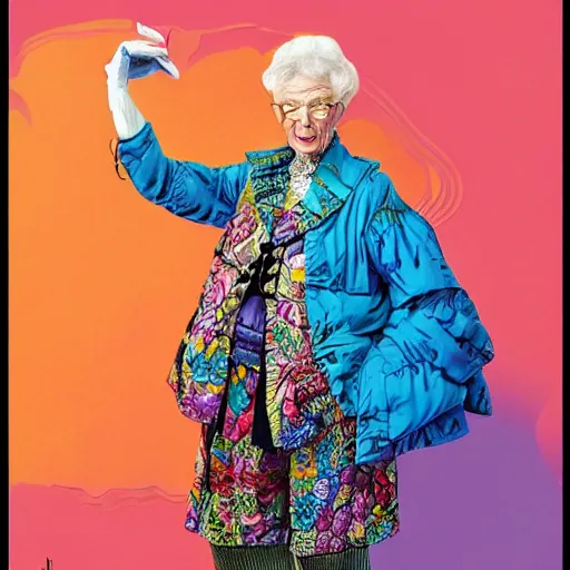 Prompt: elderly woman dressed in extremely colorful clothes with many strange patterns posing for a high fashion photoshoot, haute couture, golden hour, artstation, by J. C. Leyendecker and Peter Paul Rubens