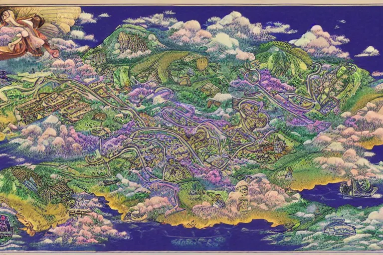 Image similar to A labeled,3d rendered map of a heavenly realm including regional borders, intricately detailed, full color, drawn by junji ito