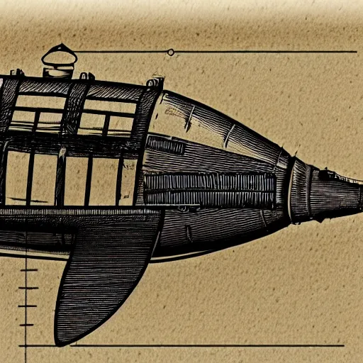 Prompt: technical drawing of a steampunk airship on parchment paper