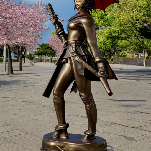 Prompt: bronze statue of a cyberpunk anime woman with an umbrella and a samurai sword kneeling next to a cherry blossom tree