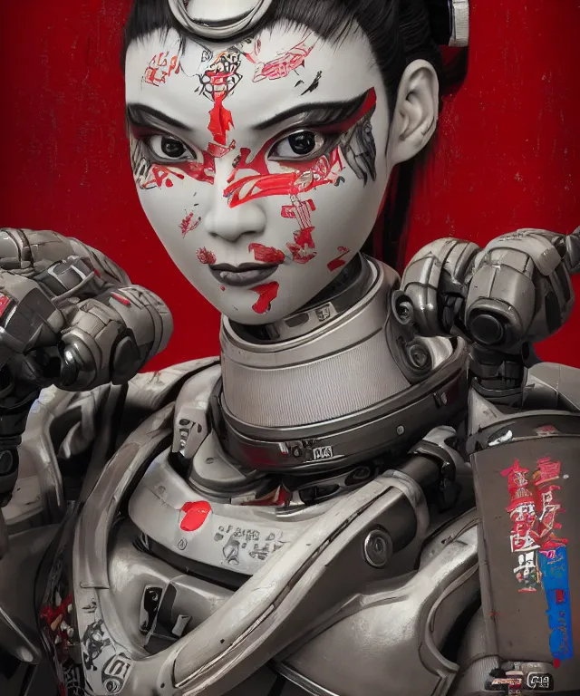 Image similar to an epic fantastic realism comic book style portrait painting of a japanese robotic geisha with kanji tattoos and decals, apex legends, octane render, intricate detail, 4 k hd, unreal engine 5