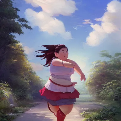 Prompt: portrait of a chubby taiwanese woman running, an oil painting by ross tran and thomas kincade, studio ghibli