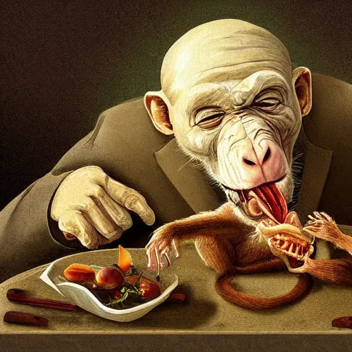 Image similar to digital art painting of a dissected monkey being eaten for dinner by an elderly man