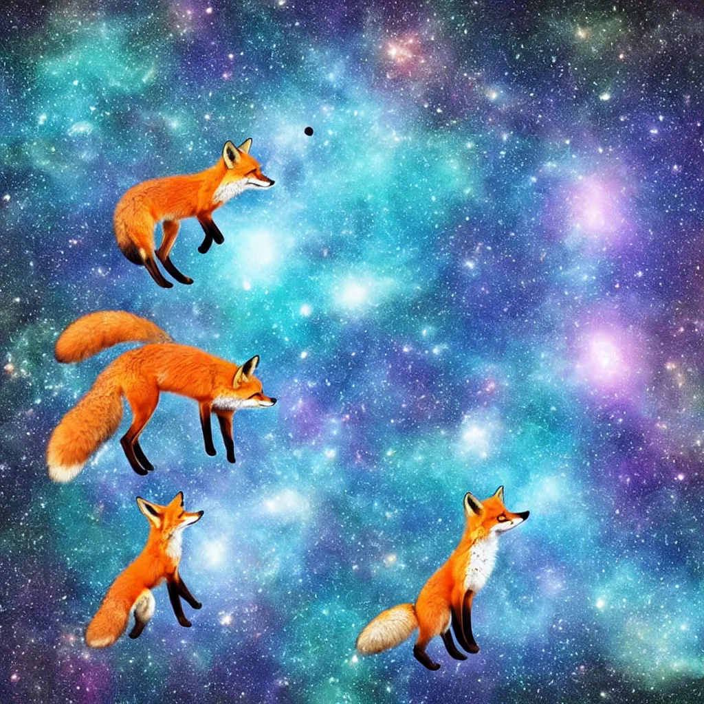 Prompt: a fox in a lake in space staring up at a galaxy, realistic, colorful