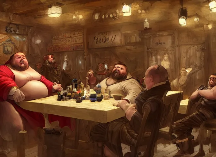 Image similar to medieval obese kingpin sitting in a tavern with his thugs, drinking and cheering, elegant, digital painting, concept art, smooth, sharp focus, illustration, from starcraft by ruan jia and mandy jurgens and artgerm and william - adolphe bouguerea