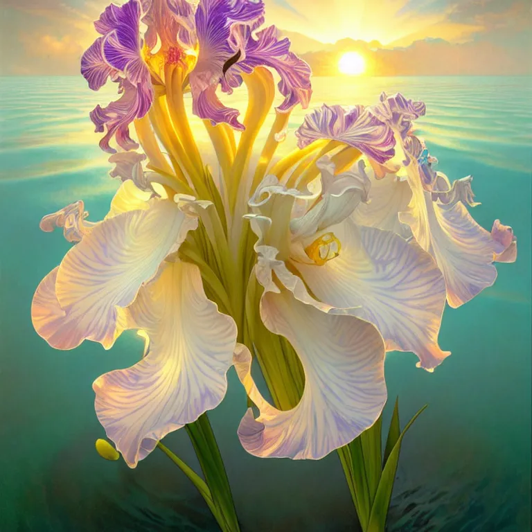 Image similar to detailed giant white holographic orchid iris hybrid flower surrounded by ocean waves, lsd water, lsd ripples, droplets, backlit, sunset, refracted lighting, art by collier, albert aublet, krenz cushart, artem demura, alphonse mucha