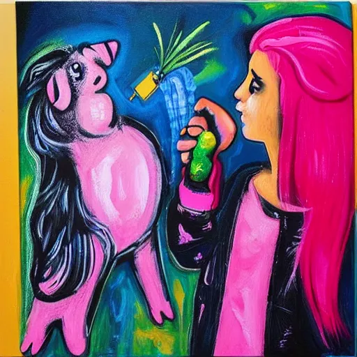 Image similar to “tall queer woman with long pink hair and a tall emo girl feeding Australian $50 notes to a weedy pig, capitalism, acrylic and spray paint and oilstick on canvas, neoexpressionism”