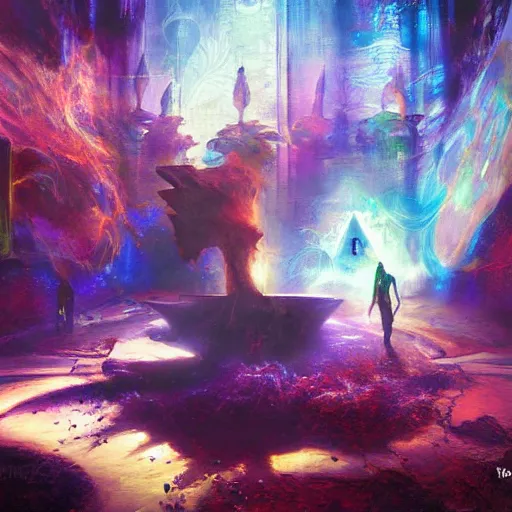 Image similar to dmt trip through the metaverse by raymond swanland, highly detailed, bright tones