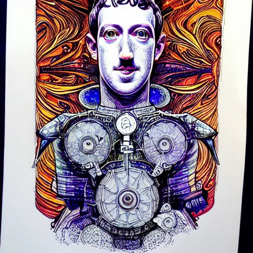 Image similar to the inner self of mark zuckerberg, clockwork engine, psychedelic, lsd, spiritual, mystical, epic beautifully detailed pen, ink and copic markers drawing by milo manara