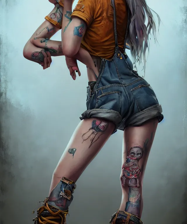 Image similar to full body pose, grungy alice, torn overalls, short shorts, combat boots, fishnets, beautiful, highly detailed face, true anatomy!, extremely detailed!, digital painting, unreal engine 5, art by tom bagshaw