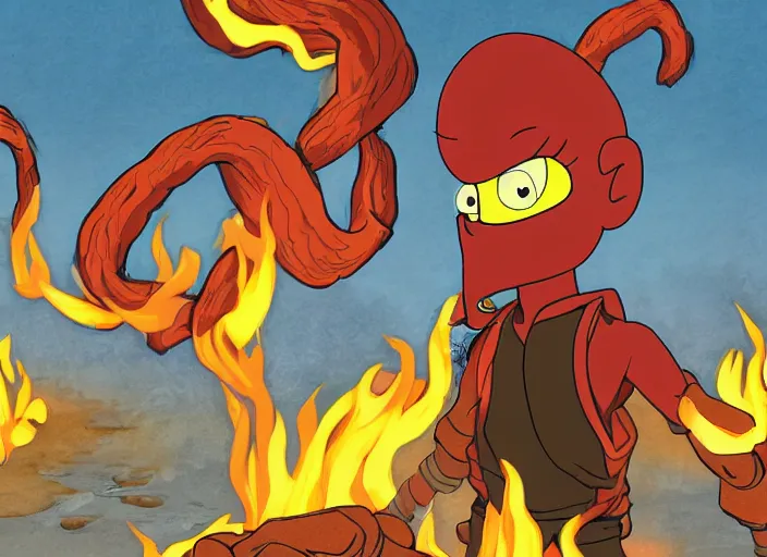 Image similar to squidward wearing fire nation clothing and practicing firebendingoutside at susnset, digital art, highly detailed, intricate, 8 k, sharp focus, photorealistic