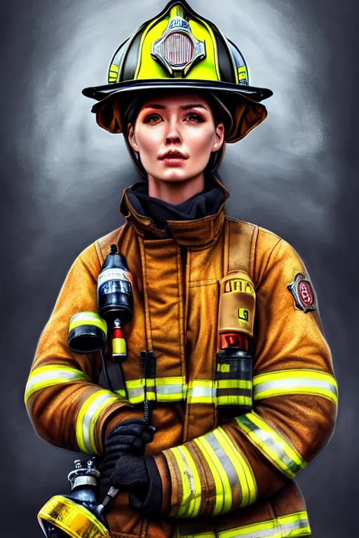 Image similar to firefighter, fantasy, highly detailed, 4 k, hdr, smooth, sharp focus, high resolution, award - winning photo, artgerm, photorealistic