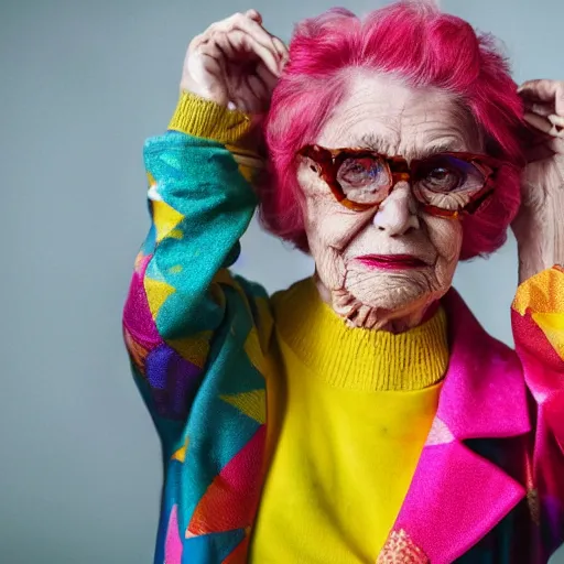 Prompt: elderly woman dressed in extremely colorful clothes with many strange patterns posing for a high fashion photoshoot, haute couture, cyberpunk 2077 soft lighting dark shadows beautiful 65mm camera Ryan Church