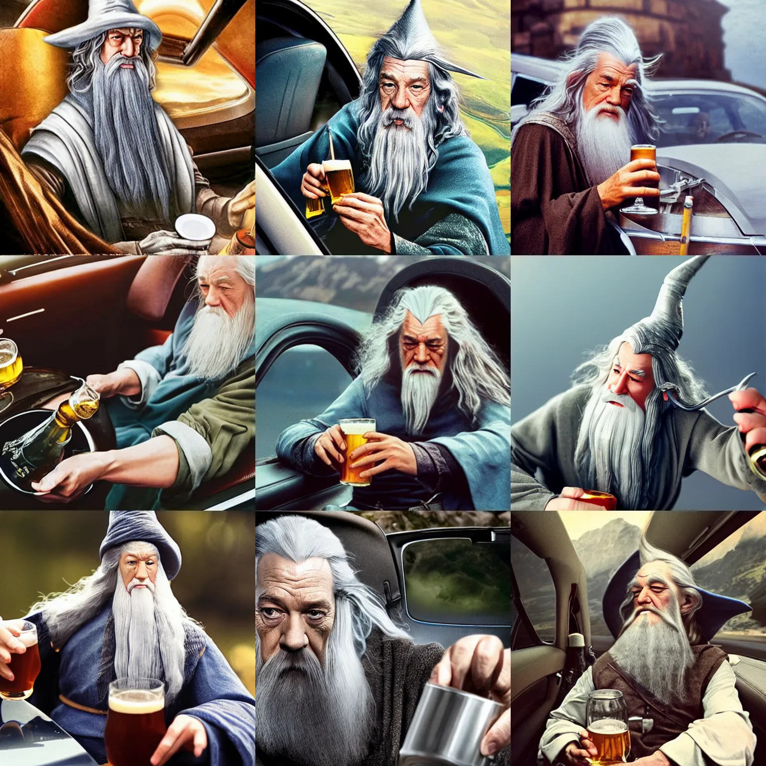 Prompt: gandalf drinking beer in a car, top view, surreal, high detail