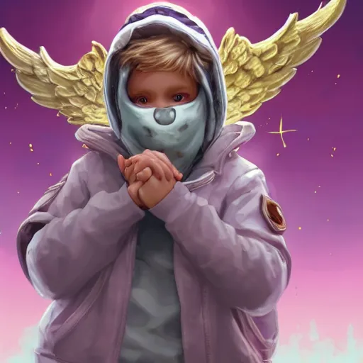 Prompt: baby Angel cherub,wearing a halo, ski mask, balaclava, wearing angel halo covered face, hoodie, hip hop golden necklace fantasy art apex fortnite Video game icon, 2d game art gta5 cover , official fanart behance hd artstation by Jesper Ejsing, by RHADS, Makoto Shinkai and Lois van baarle, ilya kuvshinov, rossdraws