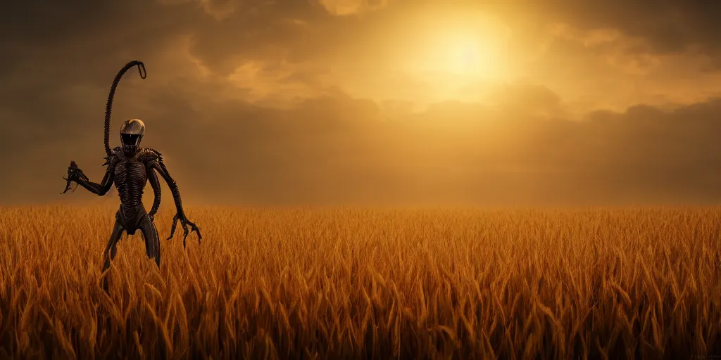 Prompt: a xenomorph in a beautiful wheatfield at sunset, photorealistic octane render