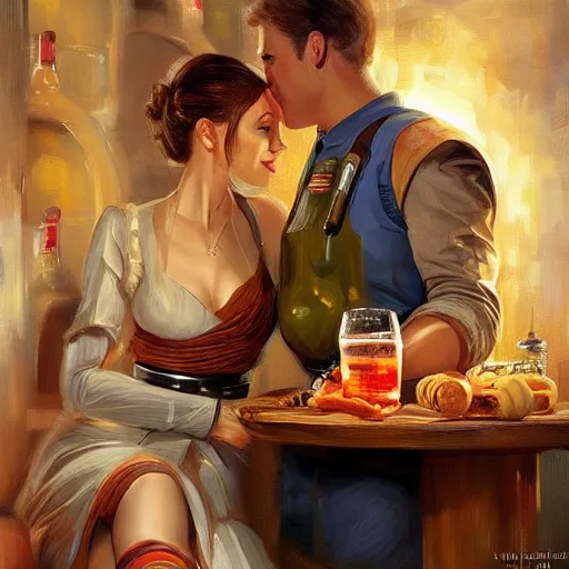 Image similar to (Boba Fett) and a beautiful young blonde drinking beer in a wine cellar, food, meat, schnapps, torches on the wall, romantic, inviting, cozy, painting by Vladimir Volegov