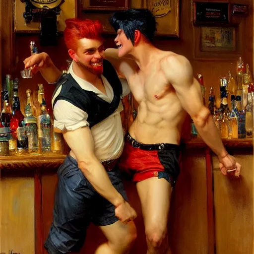 Image similar to attractive maculine male with red hair and attractive masculine male with black hair. pants and shorts, drinking their hearts out, having fun, in a pub. highly detailed and very defined painting by gaston bussiere, j. c. leyendecker, craig mullins 8 k