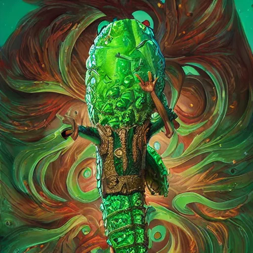 Prompt: Pickle Rick fantasy, fantasy magic, intricate, sharp focus, illustration, highly detailed, digital painting, concept art, jahbu art and Paul lewin and kehinde wiley, masterpiece