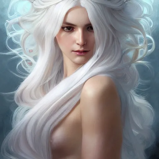 Image similar to god and goddess, white hair, long hair, gorgeous, amazing, elegant, intricate, highly detailed, digital painting, artstation, concept art, sharp focus, illustration, art by artgerm and greg rutkowski and alphonse mucha