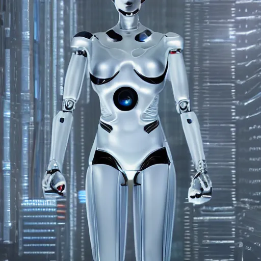 Prompt: Epic masterpiece of a female android robot inspired by ghost in the shell, full body shot, 8k, iridescant colors.