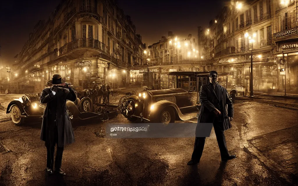 Image similar to One man in a trenchcoat shooting at a lovecraftian monster with a pistol in a 1920's parisian street at night. A cars is driving towards the monster with their lights on. A train station is visible in the background. 4k, pulp, HDR, vivid colors, low angle shot, (fish eye).