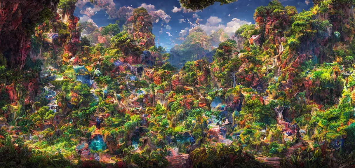 Image similar to the landscape of an unimaginable and beautiful place with all types of colorful vegetation, beyond the physical realm, an ultrafine hyperdetailed illustration by kim jung gi, irakli nadar, intricate linework, bright colors, octopath traveler, final fantasy, unreal engine 5 highly rendered, global illumination, radiant light, detailed and intricate environment