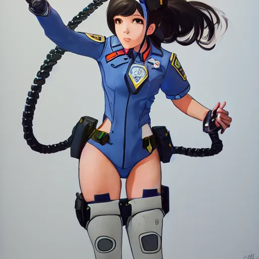 Prompt: D.VA from Overwatch wearing a police uniform by Kim Jung Gi, holding handcuffs in one hand Blizzard Concept Art Studio Ghibli. oil paint. 4k. by brom.