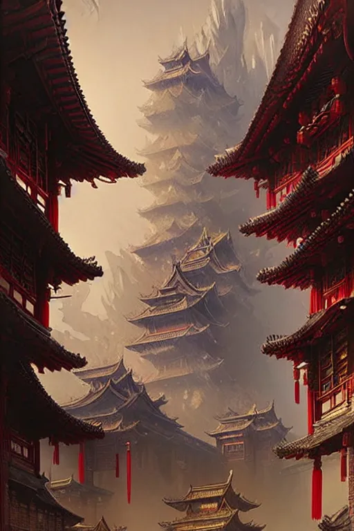 Prompt: cyberpunk Chinese ancient castle, fantasy, painting by greg rutkowski and alphonse mucha