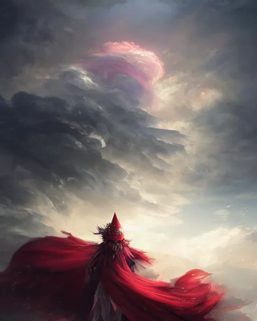 Image similar to A Full View of a Red Mage wearing magical shining armor and a feathered hat surrounded by an epic cloudscape. Magus. Red Wizard. Magimaster. Fantasy Illustration. masterpiece. 4k digital illustration. by Ruan Jia and Mandy Jurgens and Artgerm and greg rutkowski and Alexander Tsaruk and WLOP and Range Murata, award winning, Artstation, art nouveau aesthetic, Alphonse Mucha background, intricate details, realistic, panoramic view, Hyperdetailed, 8k resolution, intricate art nouveau