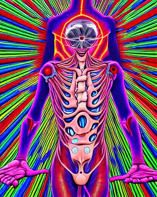 Image similar to human body breaking away, conjuring psychedelic illustration, part by shintaro kago, part by alex gray, ultra realistic, highly detailed, 8 k, trending on artstation, symmetry