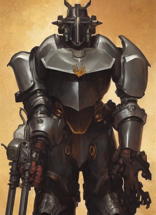 Image similar to medium-length portrait of a male paladin with short curly hair and a dark beard, dark brown skin, happy expression, wears a suit of power armor, gundam, medieval setting, highly detailed, digital painting, artstation, concept art, sharp focus, illustration, art by greg rutkowski and alphonse mucha