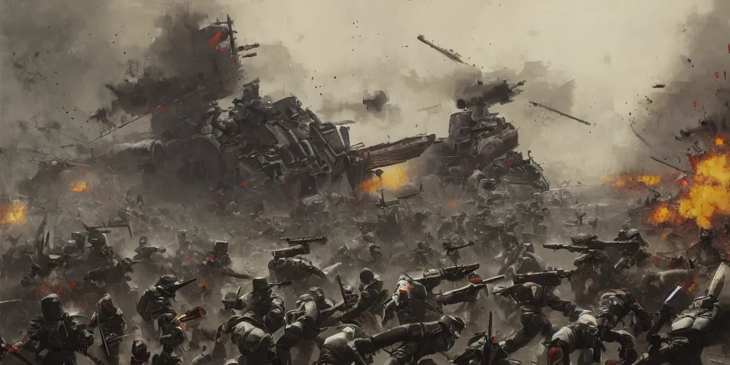 Image similar to french army and civilians are getting slaughtered by one samurai robot in the interbellum paris, very detailed painting, concept art, intense heavy street battle, bullet hell, pile of bodies, artillery bombings, blood on the streets, art by greg rutkowski and jakub rozalski