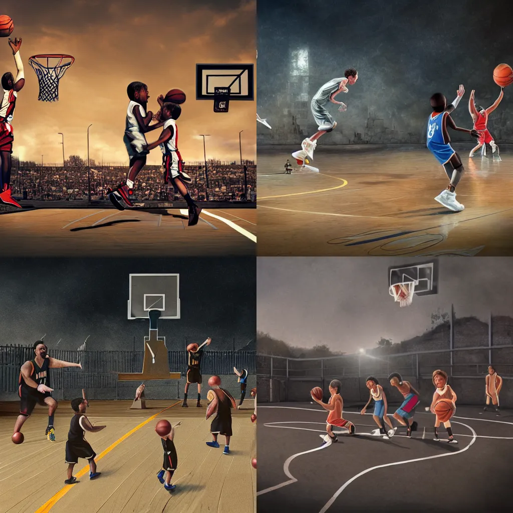 Prompt: photograph of midgets playing basketball, basketball court, concept art, cinematic, hyperrealistic, photorealistic, 4k