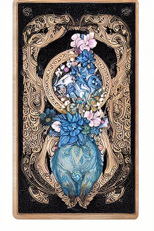 Image similar to Painted dark-wood panel relief carving of a Flowerpunk Piglet, White and pale blue toned, ornate border frame, explosion of colorful flowers, dark wood, intricately carved, black ink, festival of rich colors, intricate details, cinematic lighting, volumetric lighting, post-processing, art nouveau, tarot, fractal art, mandala, by andreas rocha and john howe, and Martin Johnson Heade, featured on artstation, featured on behance, golden ratio, hyper detailed, photorealistic, epic composition, center spotlight, f32, well composed, symmetrical, UE5, 8k